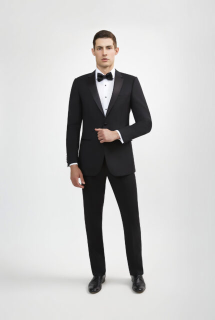 Adoro Deluxe: Italian wool, notch lapel, slim-fit black tuxedo