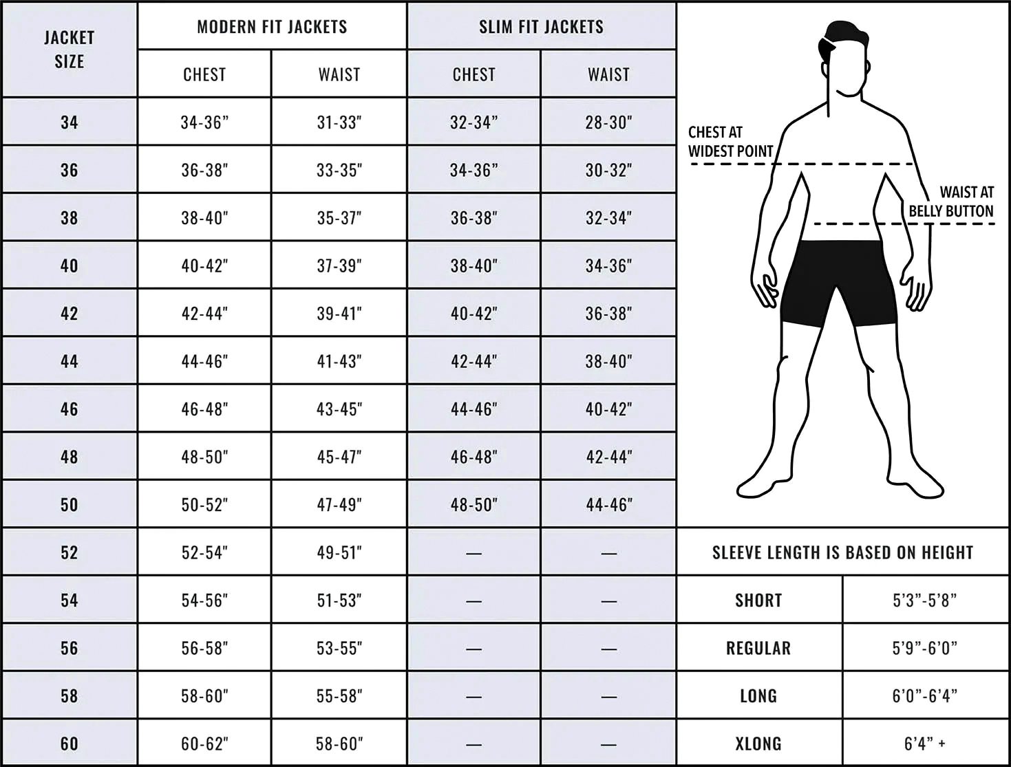 Suit jacket size chart